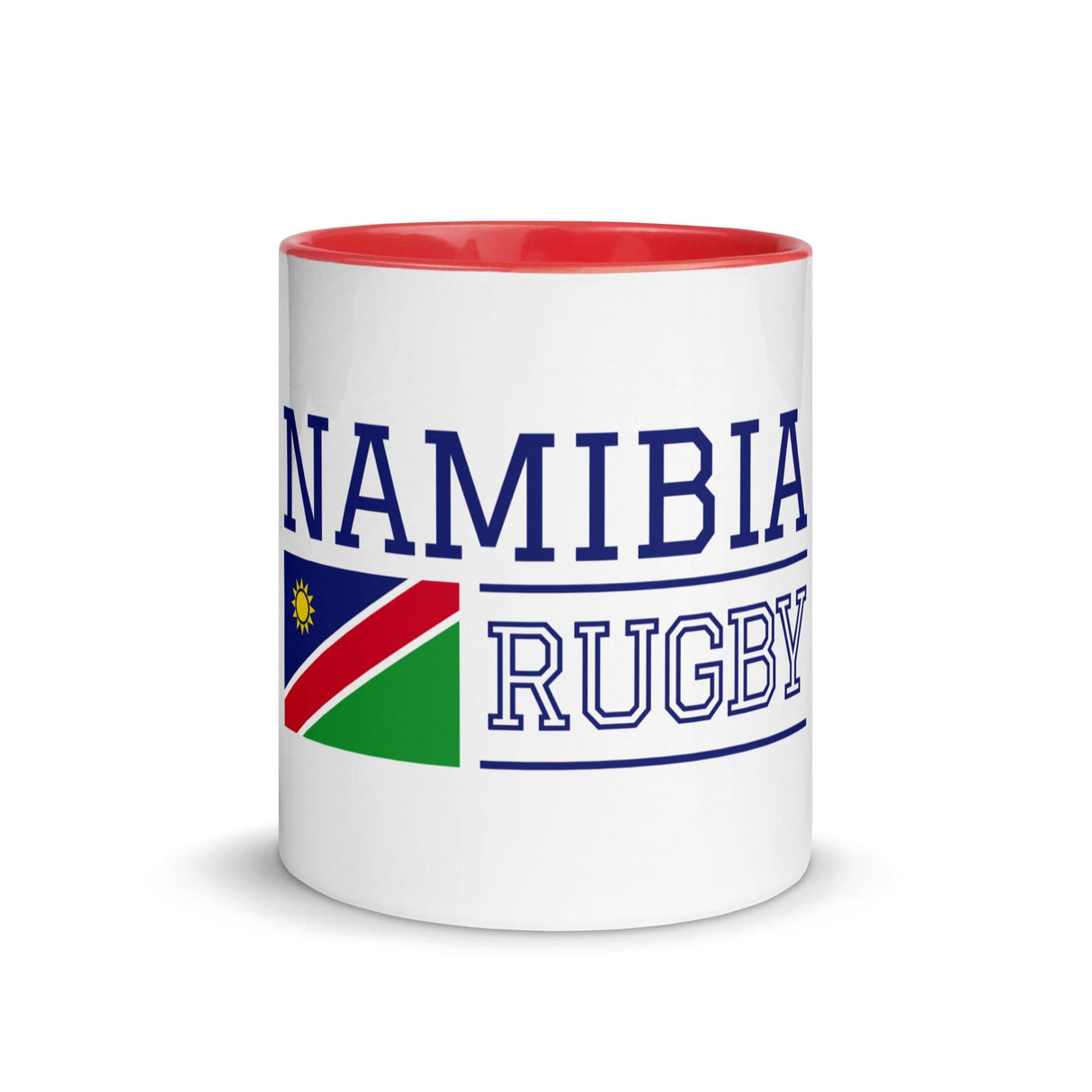 White ceramic mug with red interior and handle and a Namibia Rugby blue inscription aside a Namibia flag.