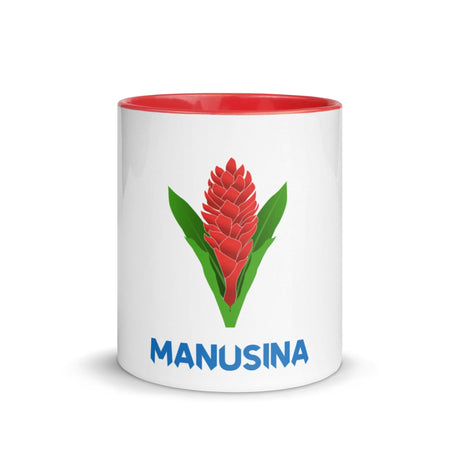 A red Manusina Rugby Mug with the word manusia on it, manufactured by PF LIC.