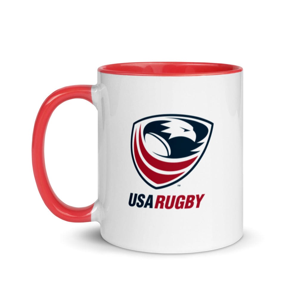 USA Rugby white ceramic mug with red interior, red handle, and navy and red USAR logo.