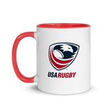 USA Rugby white ceramic mug with red interior, red handle, and navy and red USAR logo.