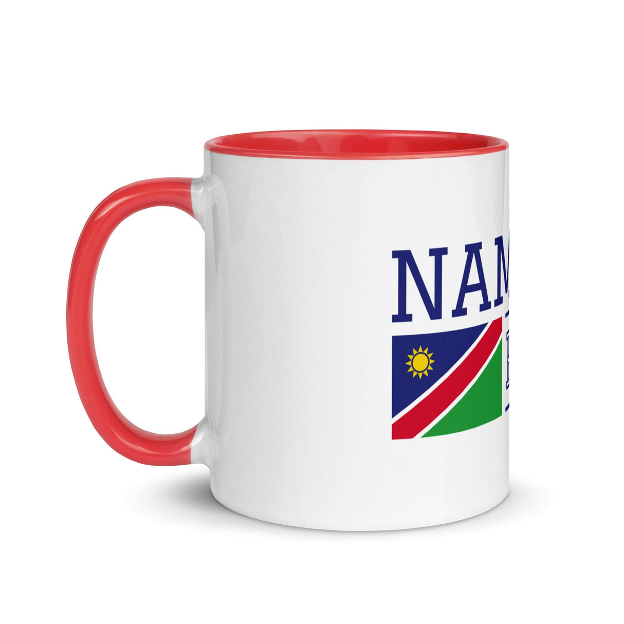 Side view of white ceramic mug with red interior and handle and partial view of Namibia flag design.