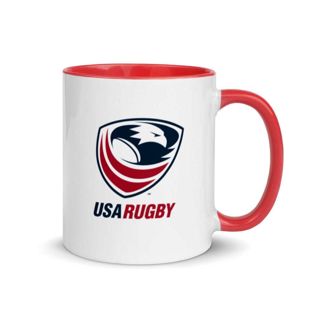 USA Rugby white ceramic mug with red interior, red handle, and navy and red USAR logo.