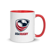 USA Rugby white ceramic mug with red interior, red handle, and navy and red USAR logo.