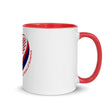 Side of a white ceramic mug with red interior, red handle, a red, white and blue rugby ball featuring an American flag, and 'United States of America' inscription