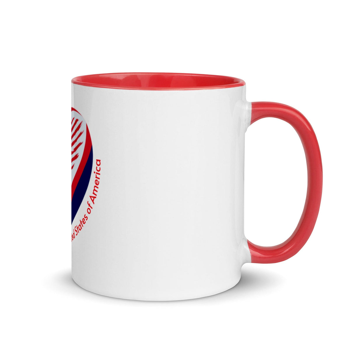 Side of a white ceramic mug with red interior, red handle, a red, white and blue rugby ball featuring an American flag, and 'United States of America' inscription
