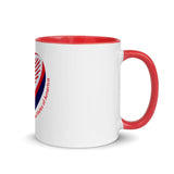 Side of a white ceramic mug with red interior, red handle, a red, white and blue rugby ball featuring an American flag, and 'United States of America' inscription