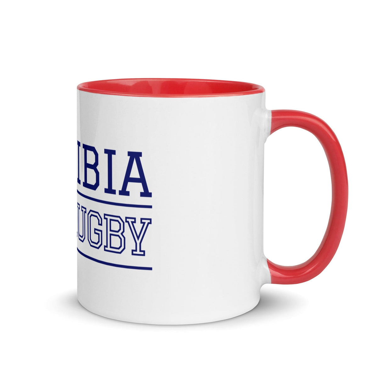 Side view of  white ceramic mug with red interior and handle. 
