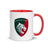 White ceramic mug with red handle and interior and a green, red and white Leicester Tigers logo.