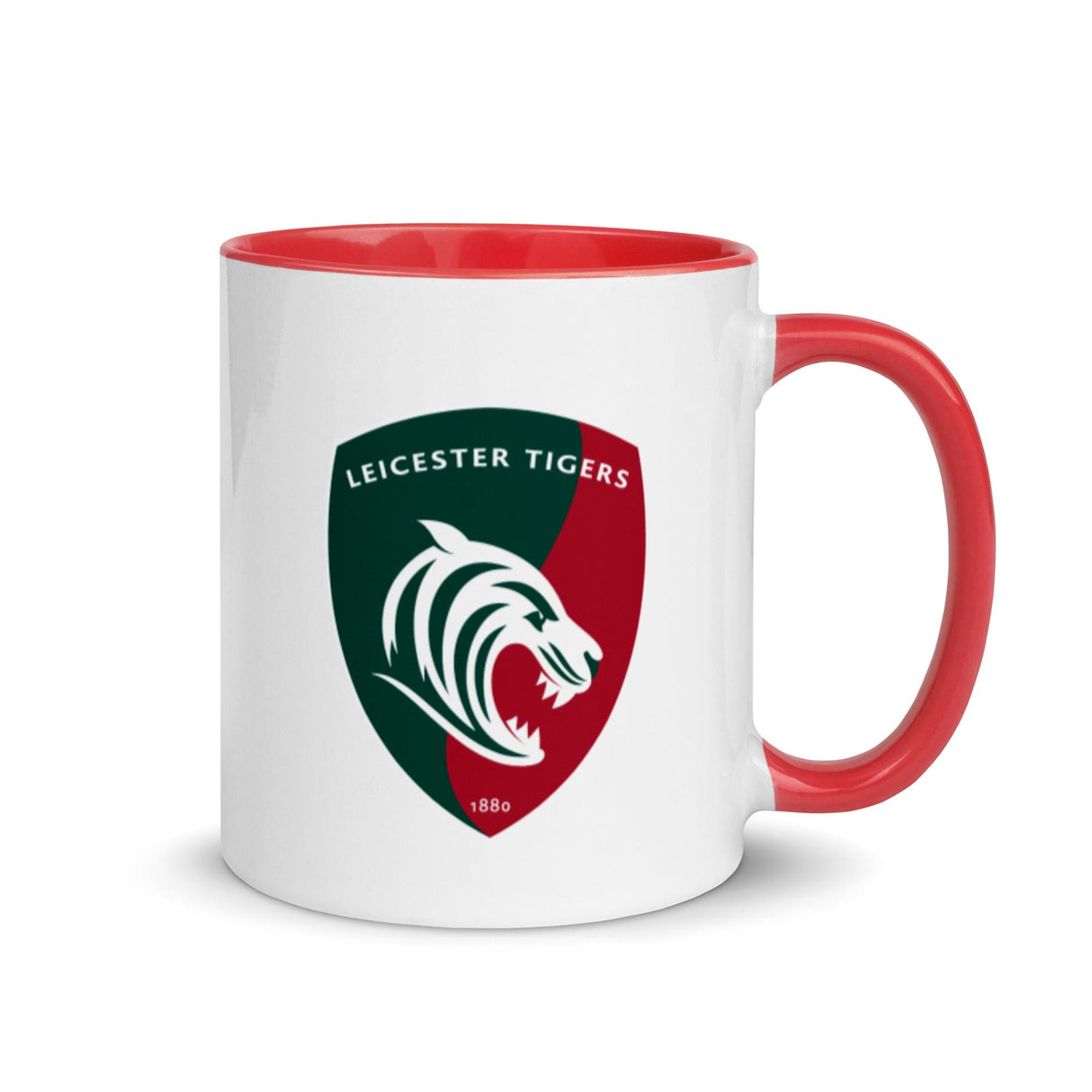 White ceramic mug with red handle and interior and a green, red and white Leicester Tigers logo.