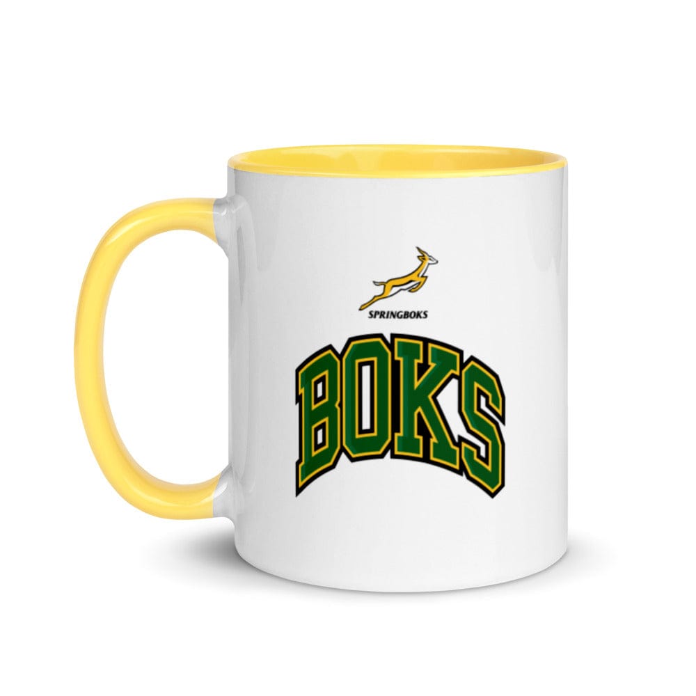 A white and yellow South Africa Springboks Rugby Mug.