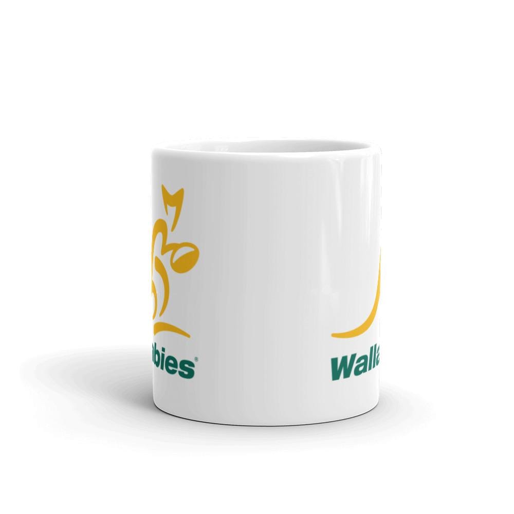 A Wallabies White Glossy Mug with a yellow and green logo.