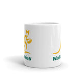 A Wallabies White Glossy Mug with a yellow and green logo.