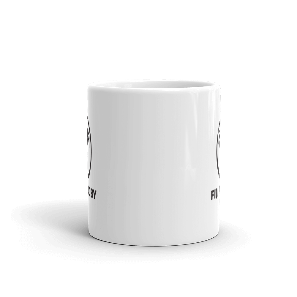 A white Fiji Rugby Mug with a black logo on it.