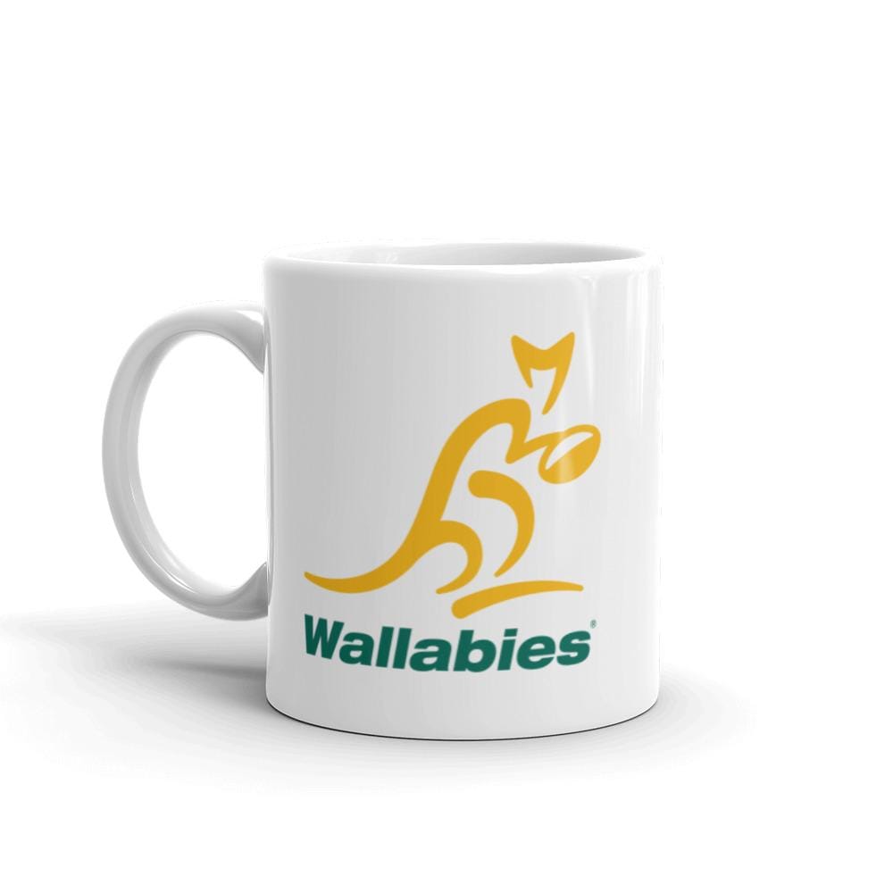 a Wallabies White Glossy Mug with a kangaroo on it.