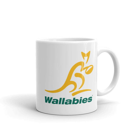A Wallabies White Glossy Mug with a yellow kangaroo on it.