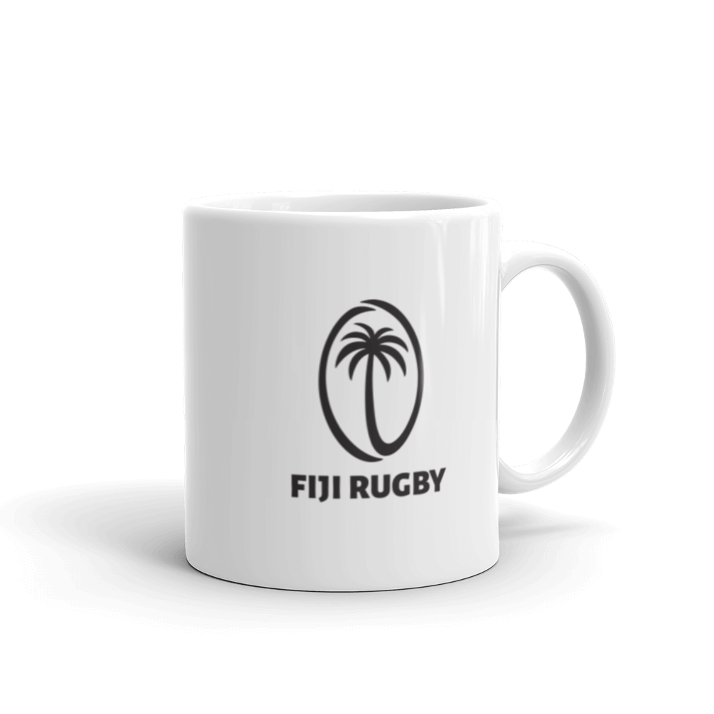 a white Fiji Rugby Mug with the logo of a palm tree.