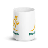 A Wallabies White Glossy Mug with a yellow and green logo.