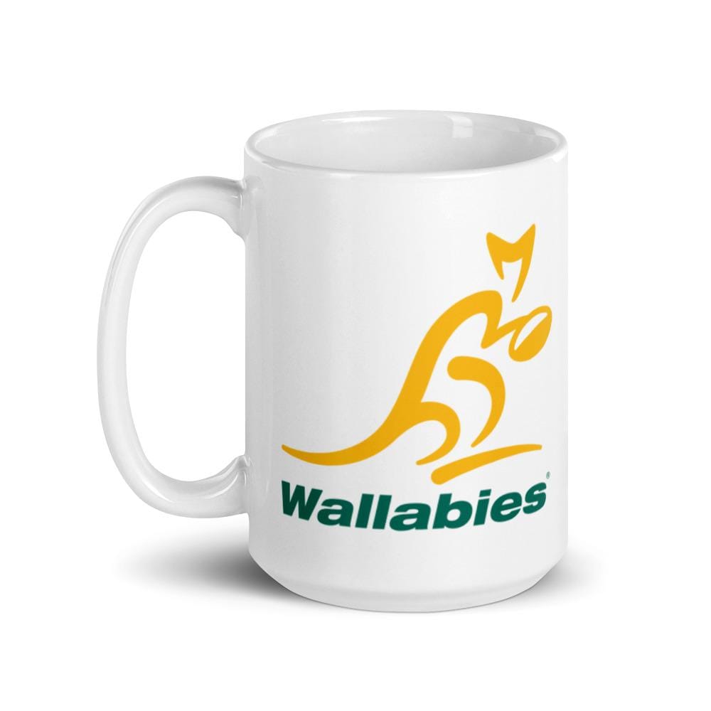 A Wallabies White Glossy Mug with a yellow and green logo.