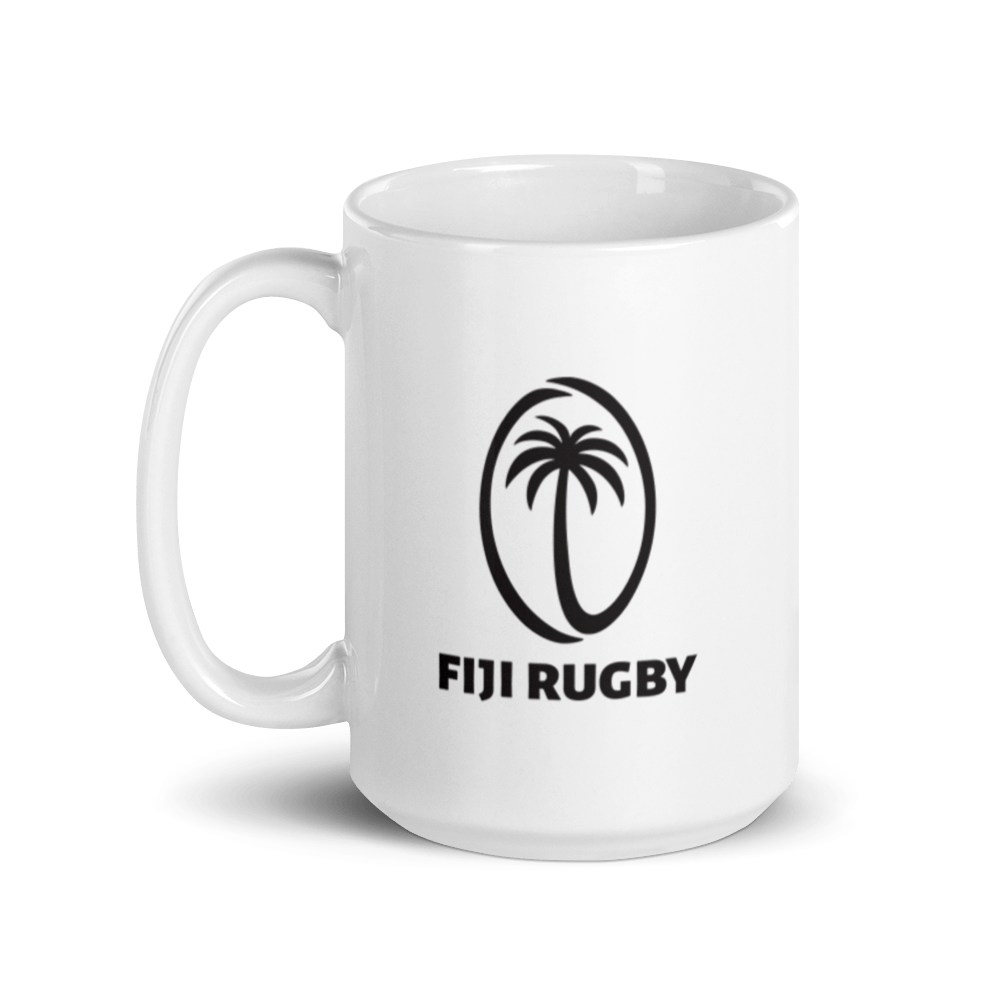 A Fiji Rugby Mug, white in color and with the rugby team's logo adorning it.