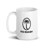 A Fiji Rugby Mug, white in color and with the rugby team's logo adorning it.