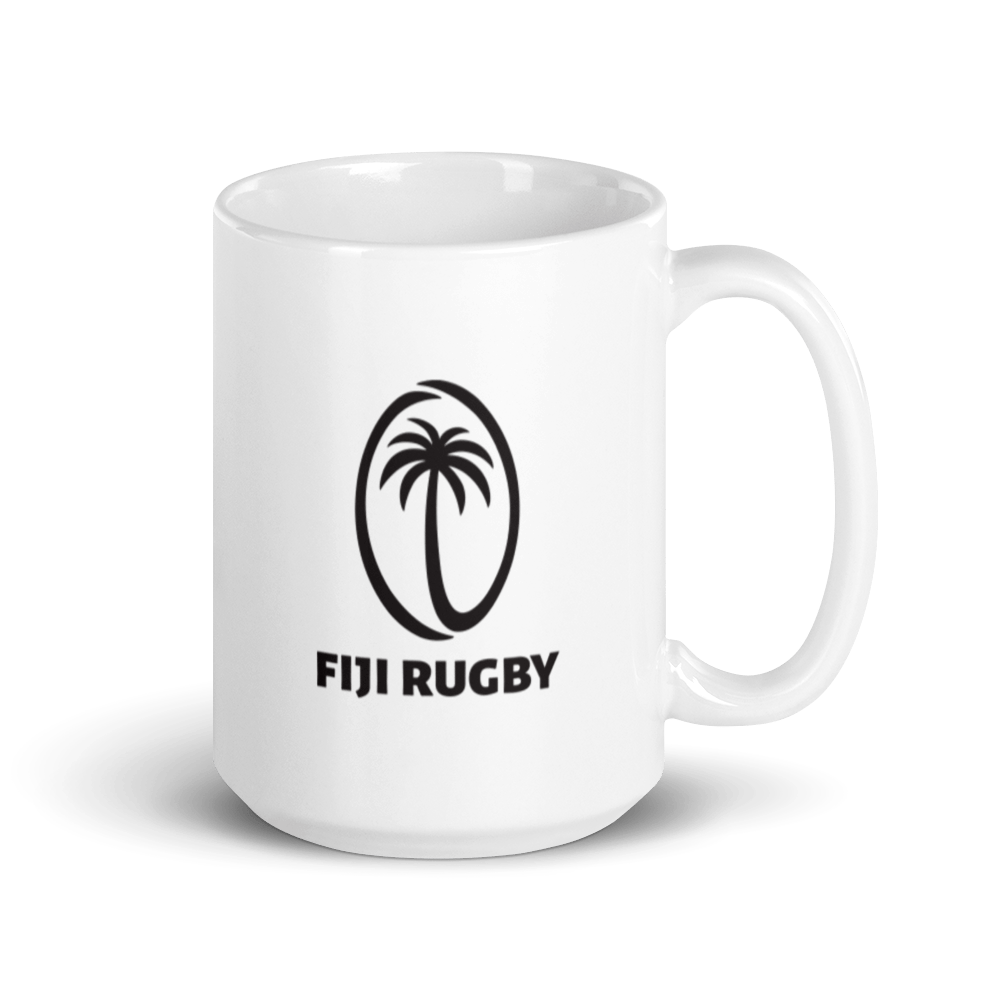 A Fiji Rugby Mug, white with the Fiji rugby logo.