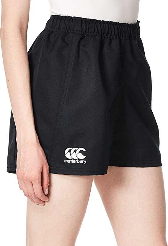 A person wearing Women's Canterbury Advantage Pro Rugby Shorts in black, made from durable polyester, with a stylish logo on the left leg and offering excellent moisture management.