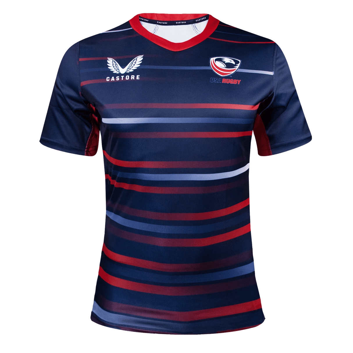 Women's USA Rugby Away jersey in Navy blue with white and red gradient stripes and a red trimmed collar and side panels