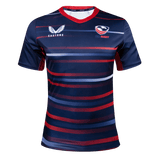 Women's USA Rugby Away jersey in Navy blue with white and red gradient stripes and a red trimmed collar and side panels