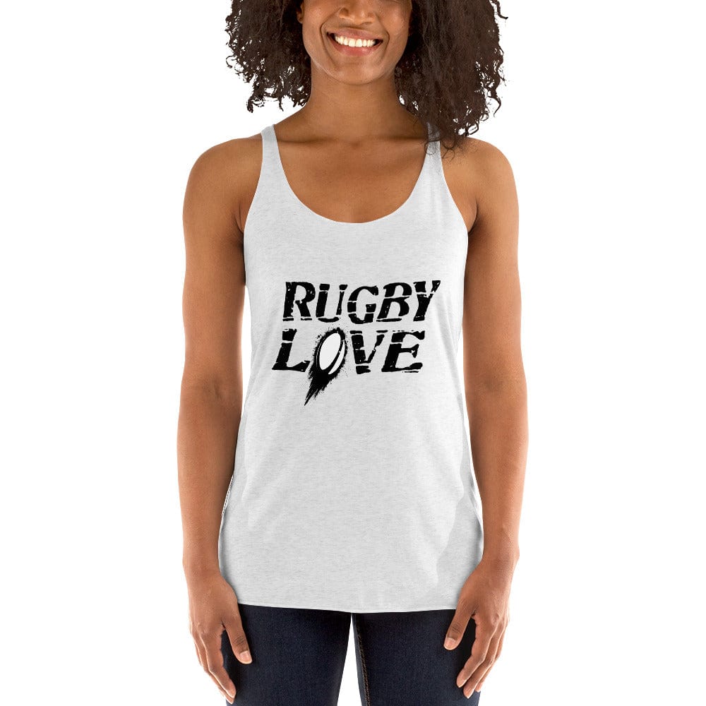 A woman wearing the Women's Rugby Love Racerback Tank.