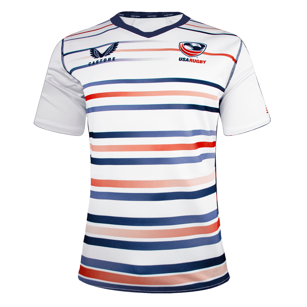 Women's USA Rugby Home White Jersey with Navy blue and red gradient stripes and navy blue neck trim