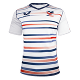 Women's USA Rugby Home White Jersey with Navy blue and red gradient stripes and navy blue neck trim