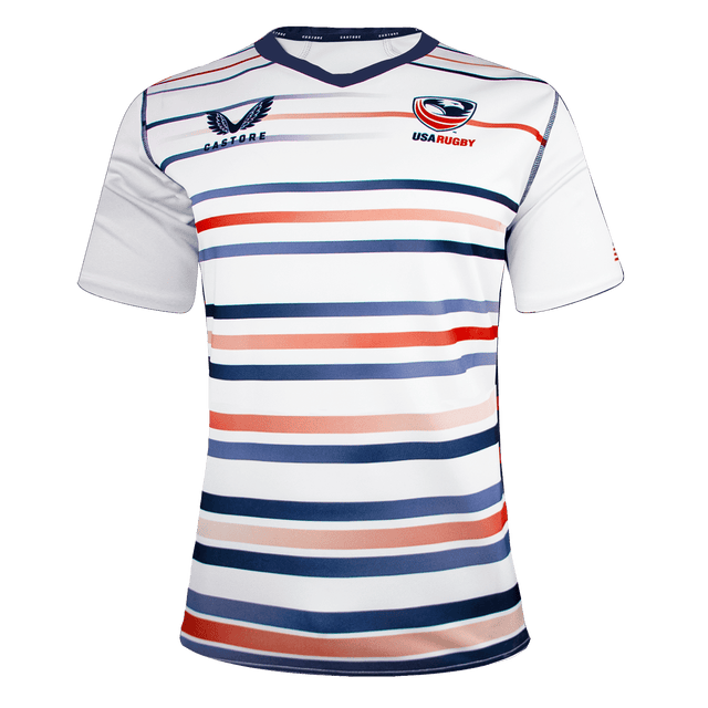 Women's USA Rugby Home White Jersey with Navy blue and red gradient stripes and navy blue neck trim