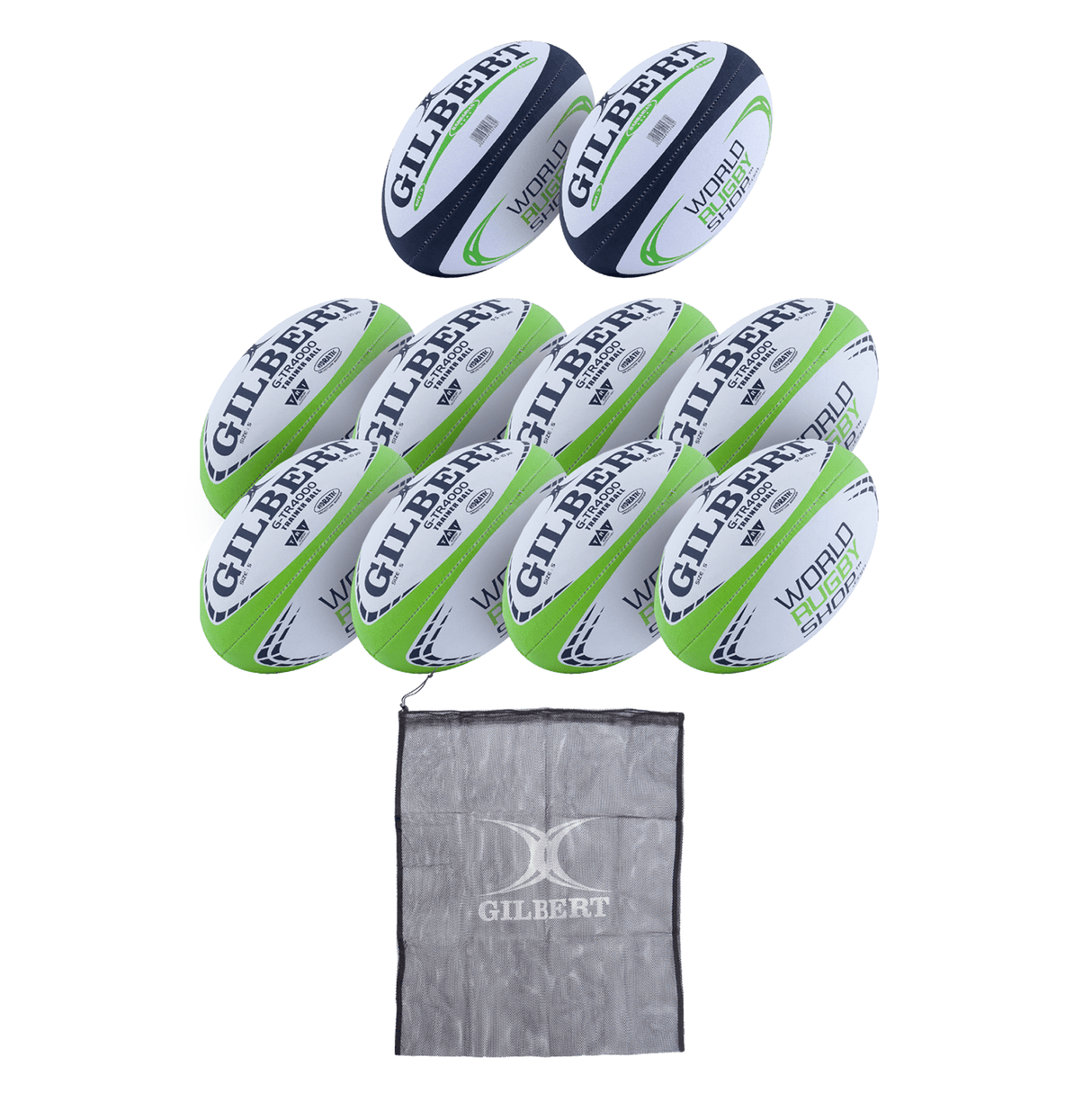 2 Gilbert WRS Size 5 Rugby Balls 8 Training Balls & 1 Mesh Ball Bag