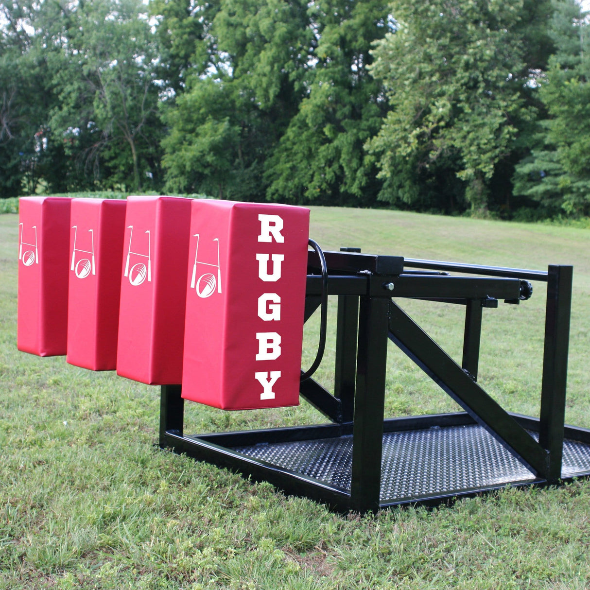 Close Up View of Red Rugby Foam Pads on Black Scrum Sled