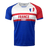 White, red and blue round neck short sleeve jersey. Blue right shoulder and sleeve with red left shoulder and sleeve trimmed in blue. Two red horizontal stripes in the center of jersey with France and Rugby below.