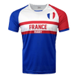 White, red and blue round neck short sleeve jersey. Blue right shoulder and sleeve with red left shoulder and sleeve trimmed in blue. Two red horizontal stripes in the center of jersey with France and Rugby below.
