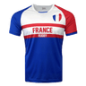 White, red and blue round neck short sleeve jersey. Blue right shoulder and sleeve with red left shoulder and sleeve trimmed in blue. Two red horizontal stripes in the center of jersey with France and Rugby below.